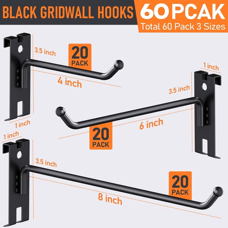 INCLY 4/6/8 Inch Gridwall Hooks, 60 Pack Heavy Duty Black Display Hooks for Grid Wall Panels, Grid Wall Accessory for Storage Display Clothes in Retail Shop Garage - Image 2